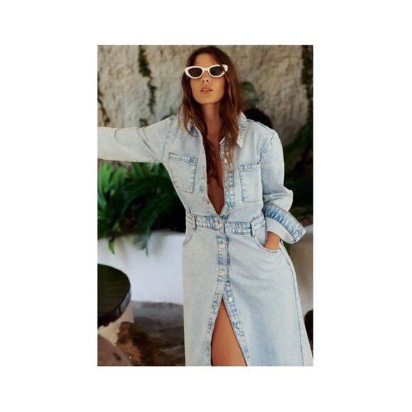 Zara Denim Midi Dress Long Sleeve Button Down Jean Dress - Picture 2 of 8